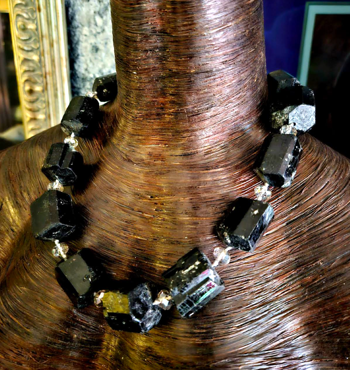 Rough Raw Black Tourmaline & Faceted Crystal Dramatic Luxury Necklace,