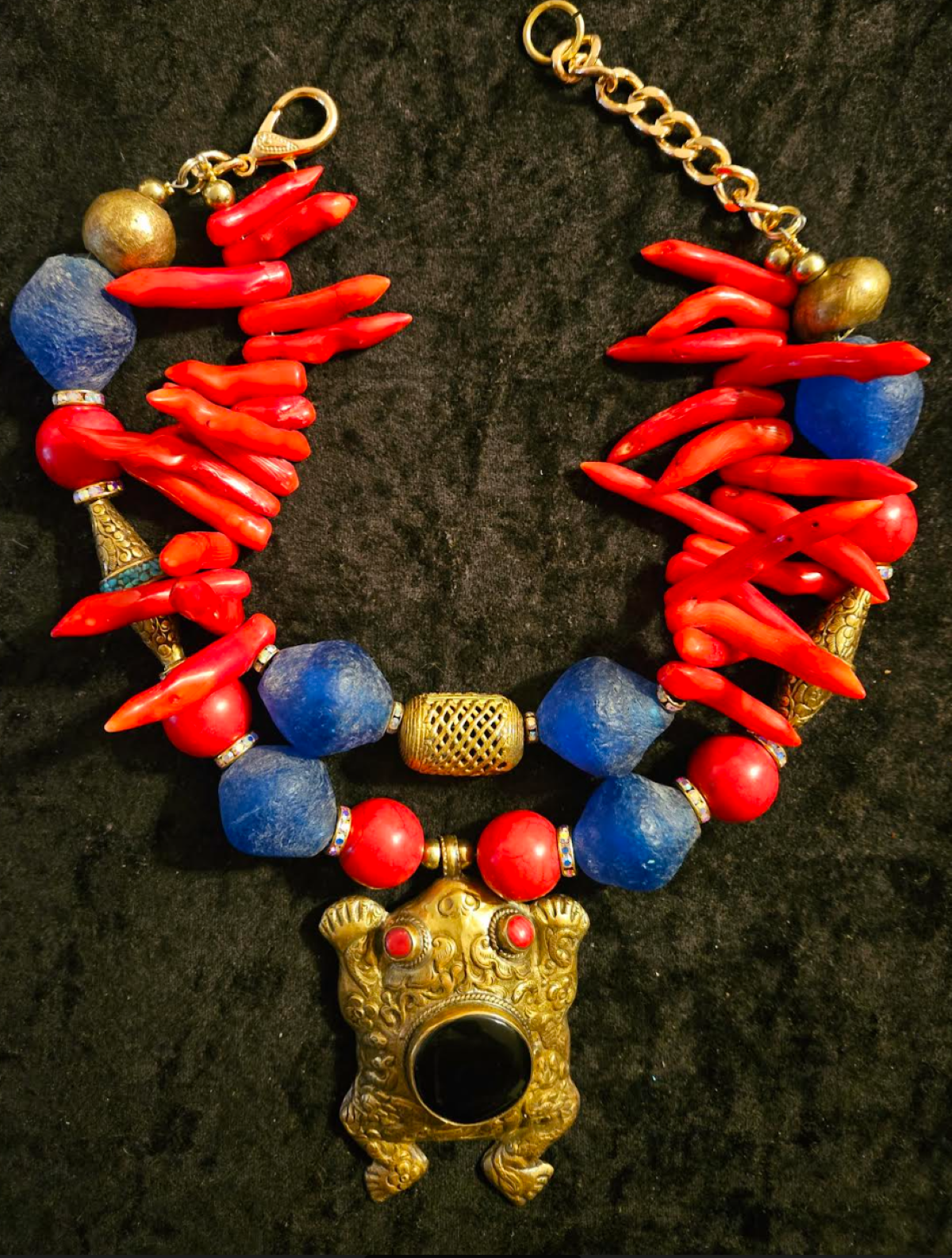 Red Coral & Blue Glass Exotic Necklace with Repousse Frog Pendant