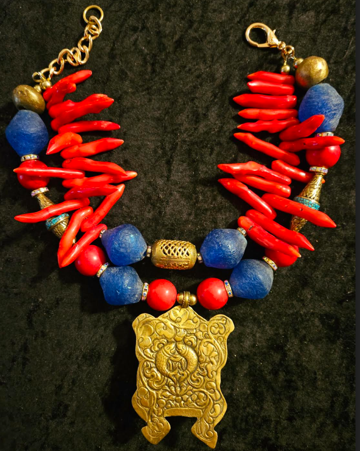 Red Coral & Blue Glass Exotic Necklace with Repousse Frog Pendant