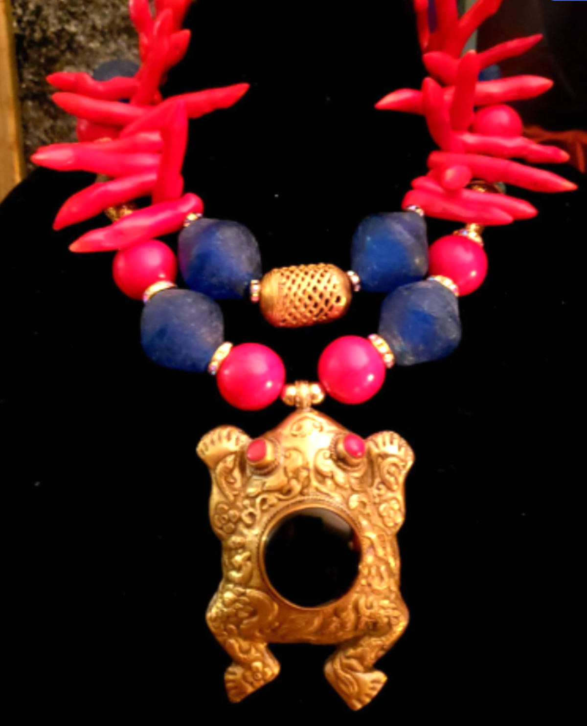 Red Coral & Blue Glass Exotic Necklace with Repousse Frog Pendant