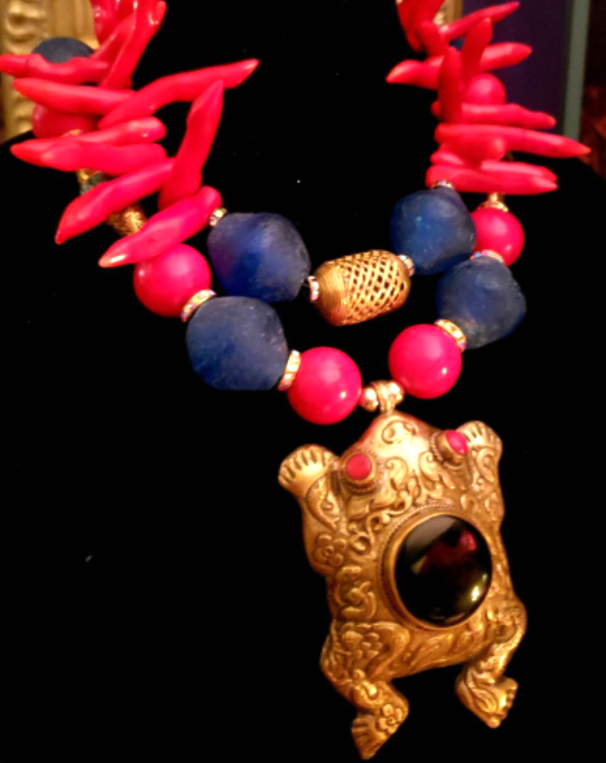 Red Coral & Blue Glass Exotic Necklace with Repousse Frog Pendant