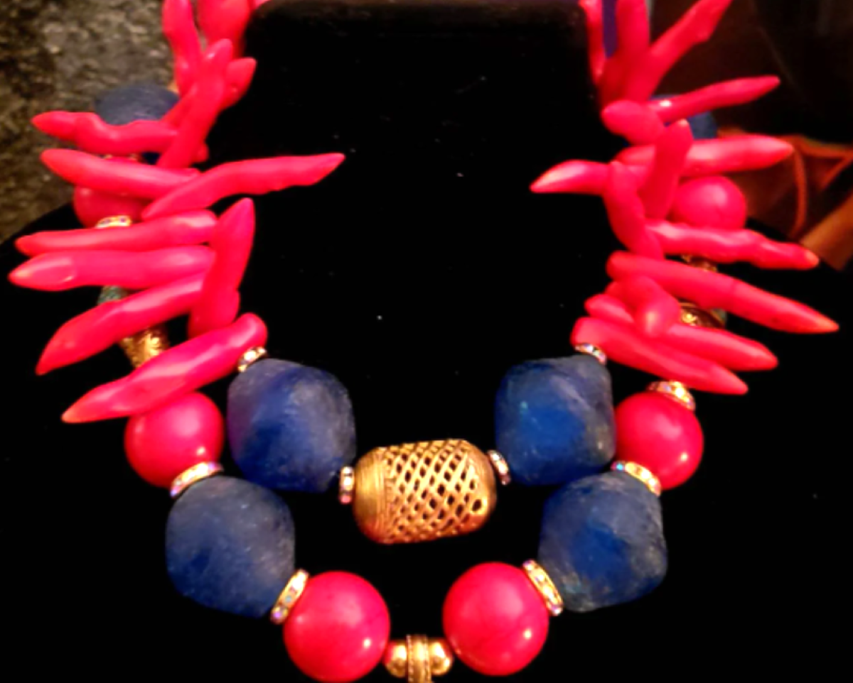 Red Coral & Blue Glass Exotic Necklace with Repousse Frog Pendant