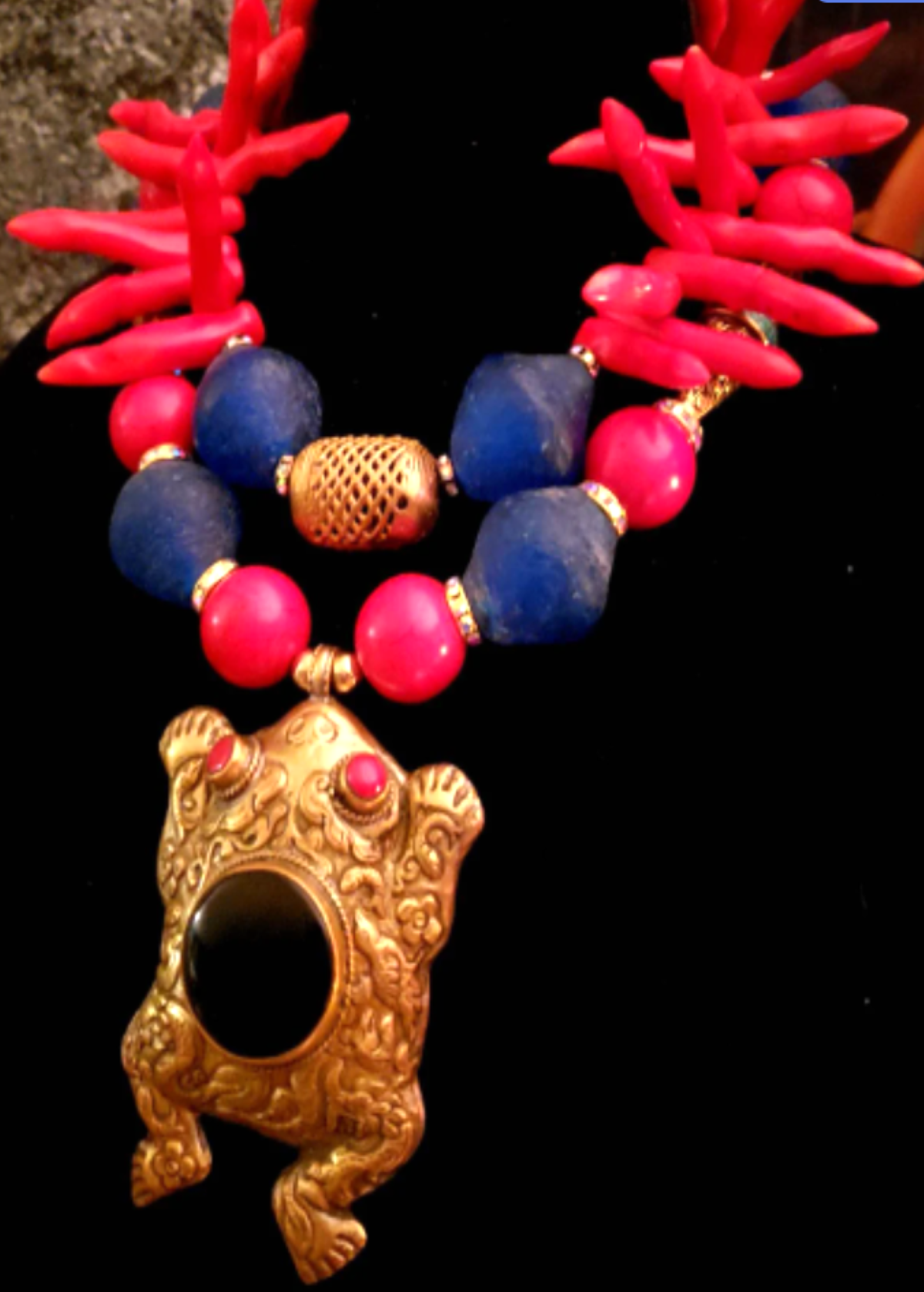 Red Coral & Blue Glass Exotic Necklace with Repousse Frog Pendant