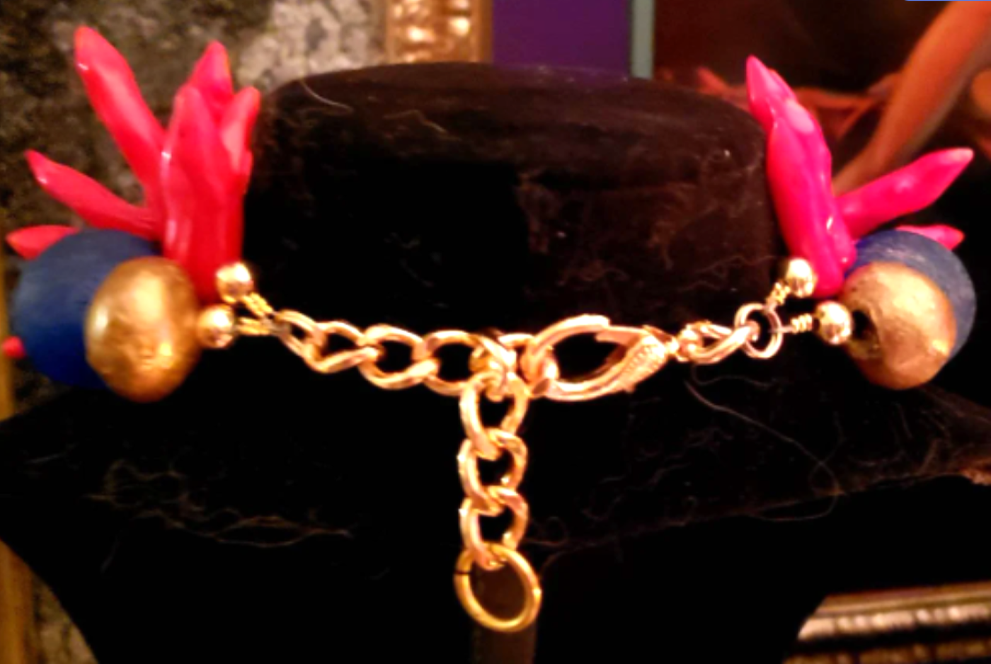 Red Coral & Blue Glass Exotic Necklace with Repousse Frog Pendant