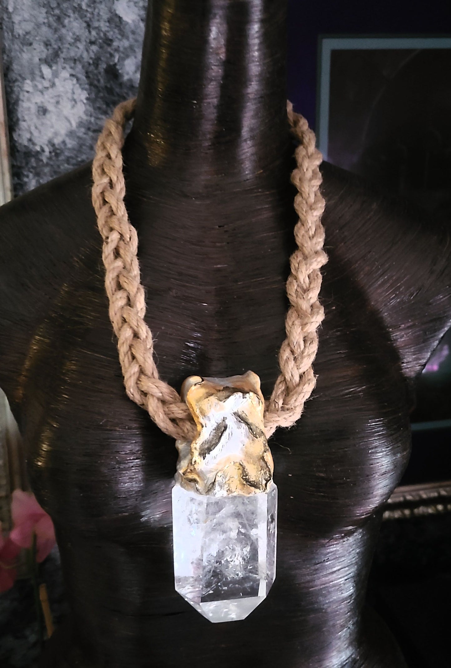 Luxury Faceted Quartz Sculpted Gemstone Pendant On Braided Jute Rope,