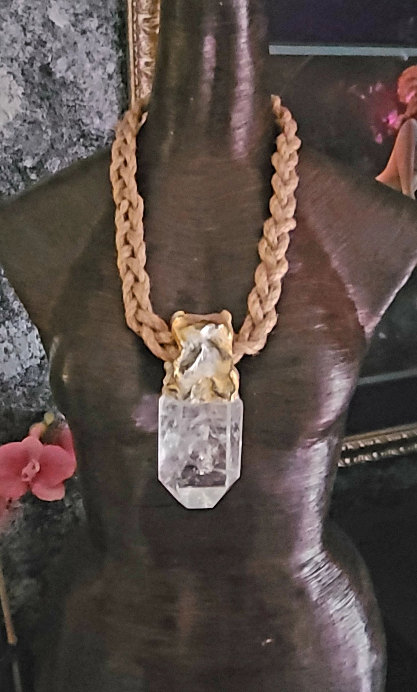 Luxury Faceted Quartz Sculpted Gemstone Pendant On Braided Jute Rope,