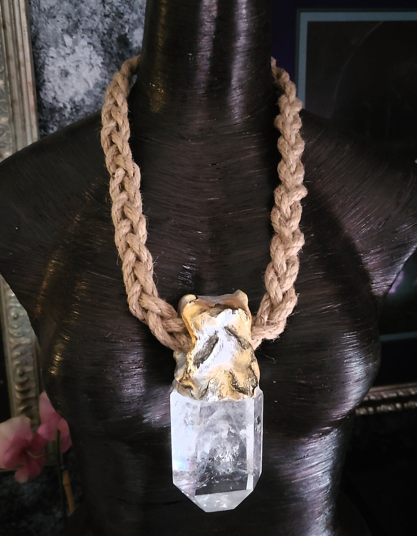 Luxury Faceted Quartz Sculpted Gemstone Pendant On Braided Jute Rope,