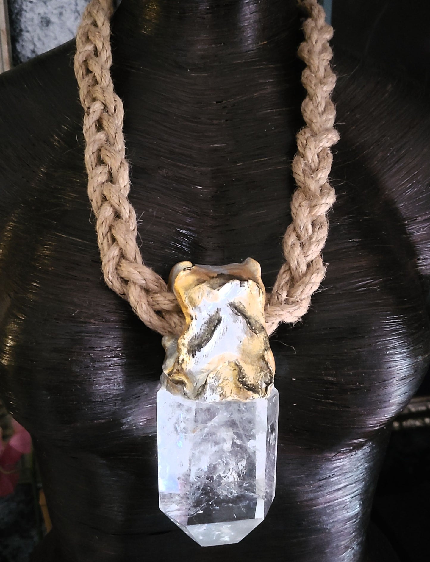 Luxury Faceted Quartz Sculpted Gemstone Pendant On Braided Jute Rope,
