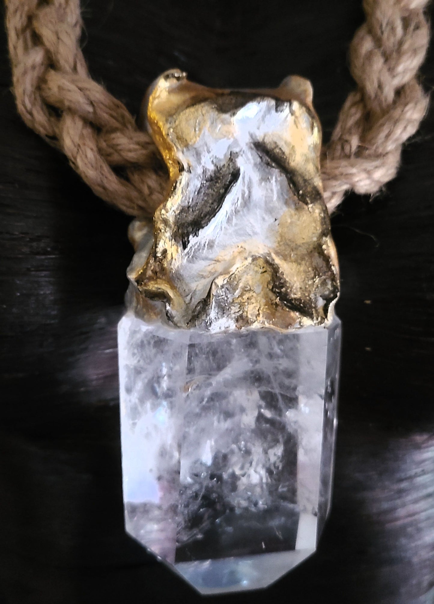 Luxury Faceted Quartz Sculpted Gemstone Pendant On Braided Jute Rope,
