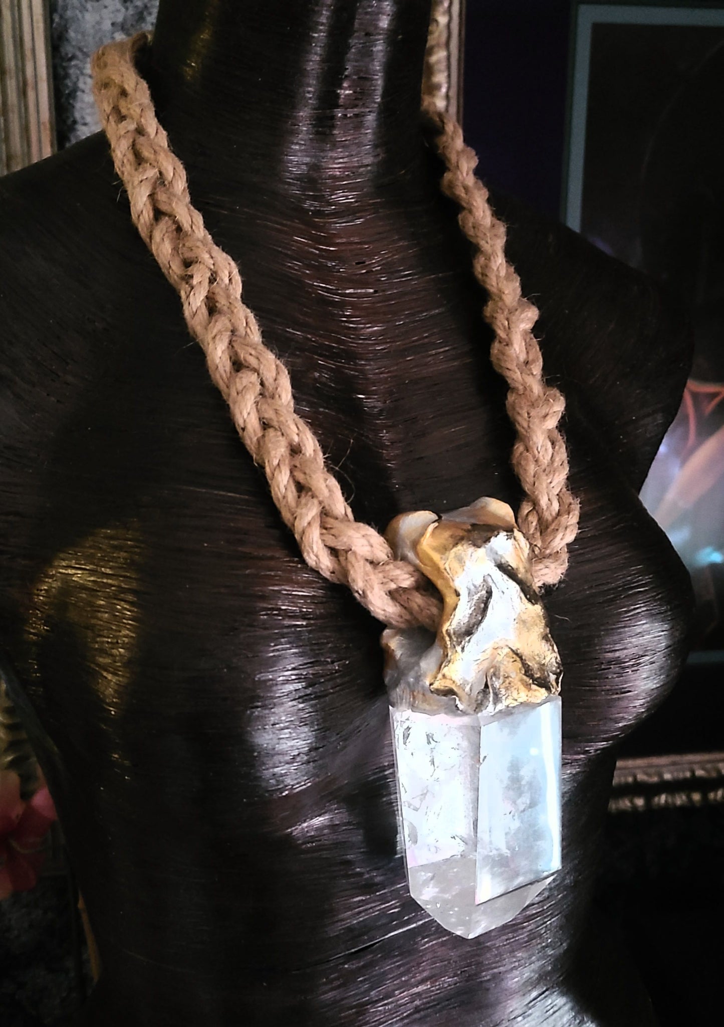 Luxury Faceted Quartz Sculpted Gemstone Pendant On Braided Jute Rope,