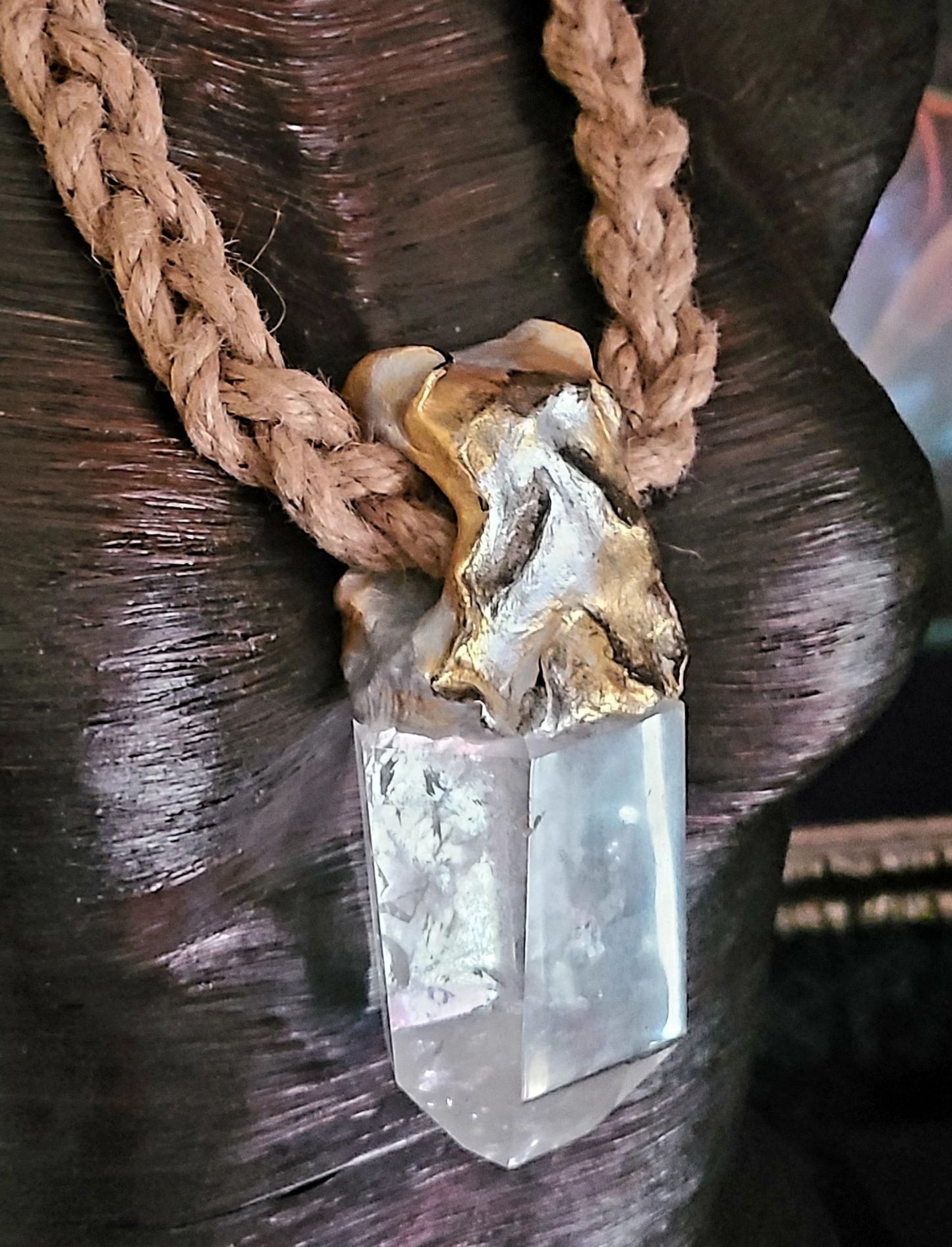 Luxury Faceted Quartz Sculpted Gemstone Pendant On Braided Jute Rope,