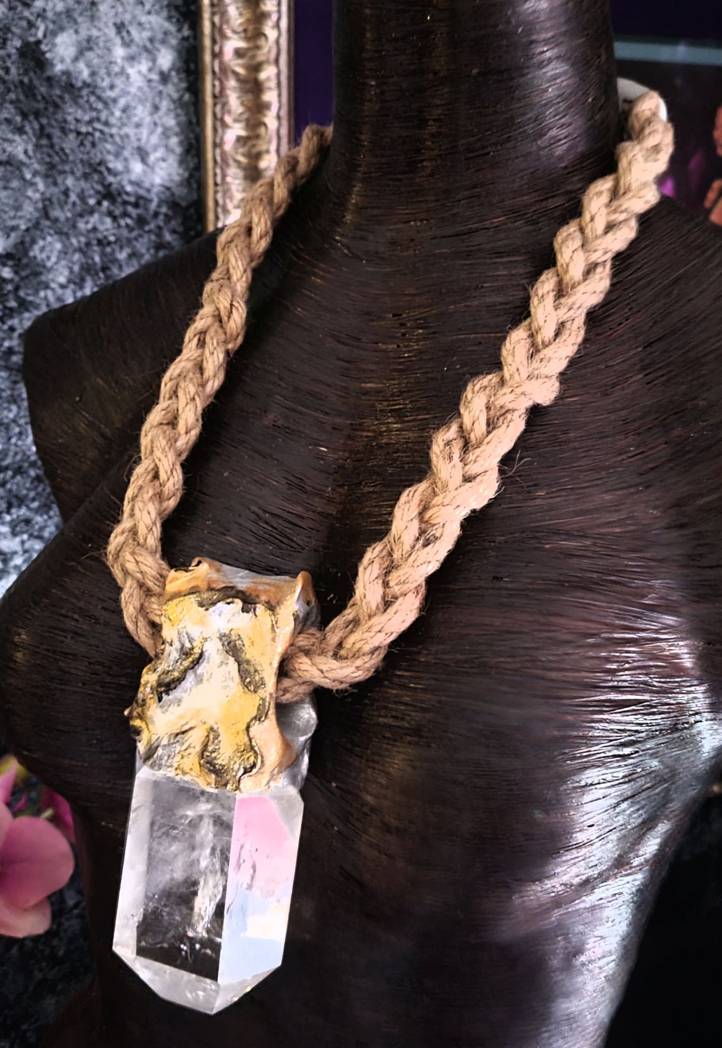 Luxury Faceted Quartz Sculpted Gemstone Pendant On Braided Jute Rope,