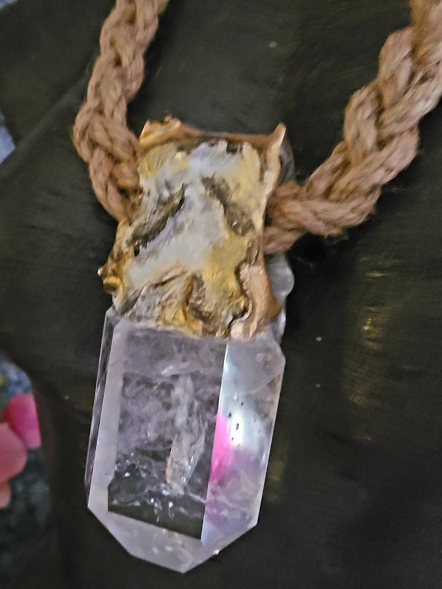 Luxury Faceted Quartz Sculpted Gemstone Pendant On Braided Jute Rope,