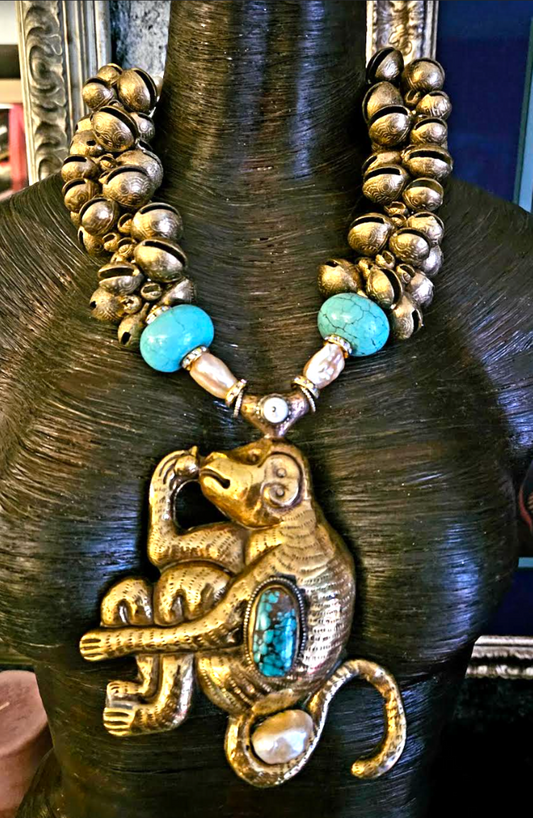 Asian Brass Chime & Tibetan Monkey Statement Luxury Necklace - Exotic