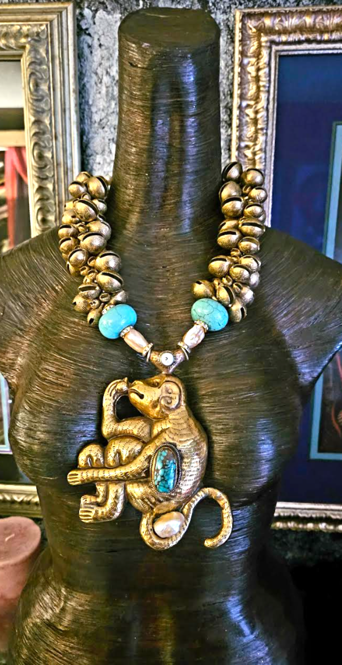 Asian Brass Chime & Tibetan Monkey Statement Luxury Necklace - Exotic