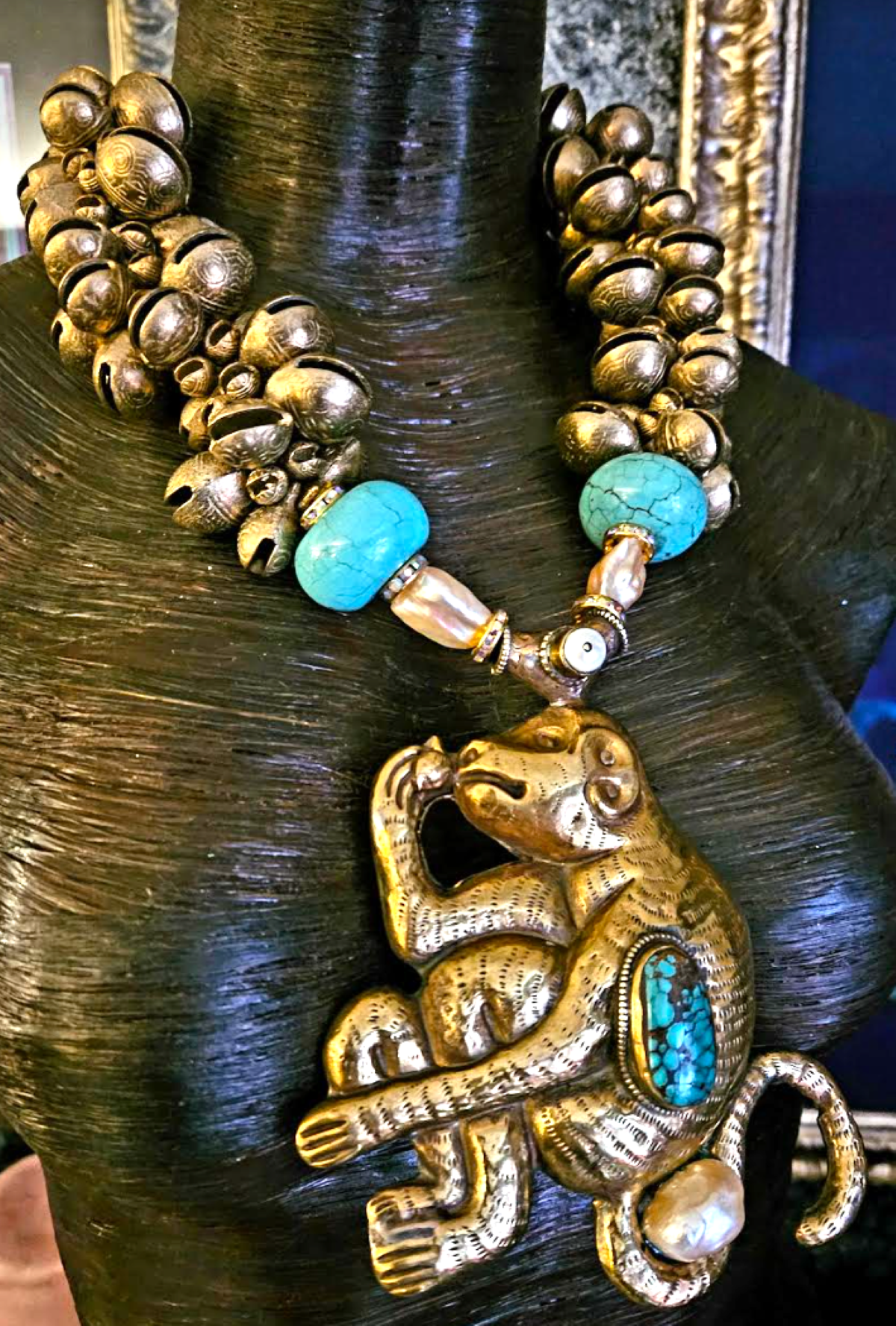 Asian Brass Chime & Tibetan Monkey Statement Luxury Necklace - Exotic