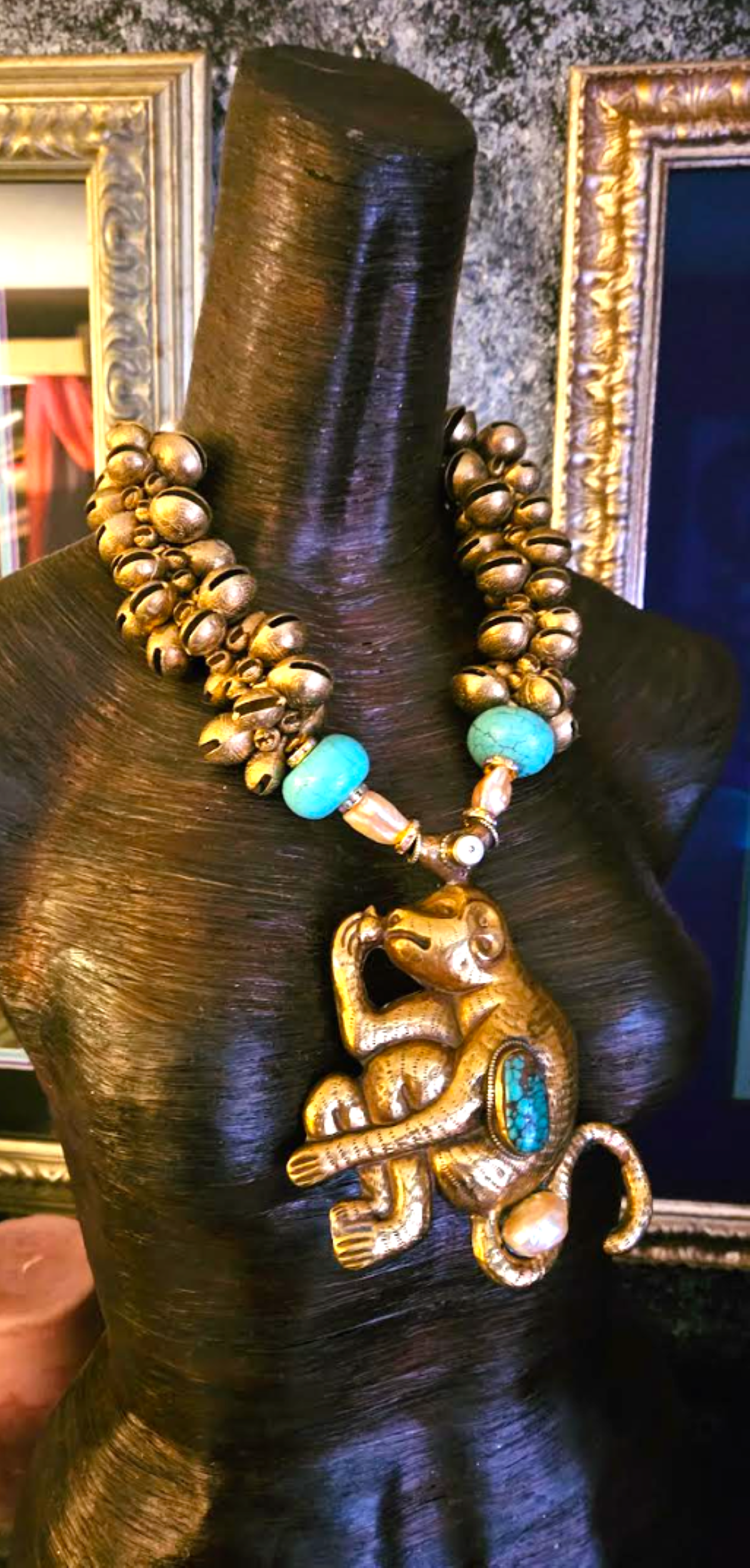 Asian Brass Chime & Tibetan Monkey Statement Luxury Necklace - Exotic