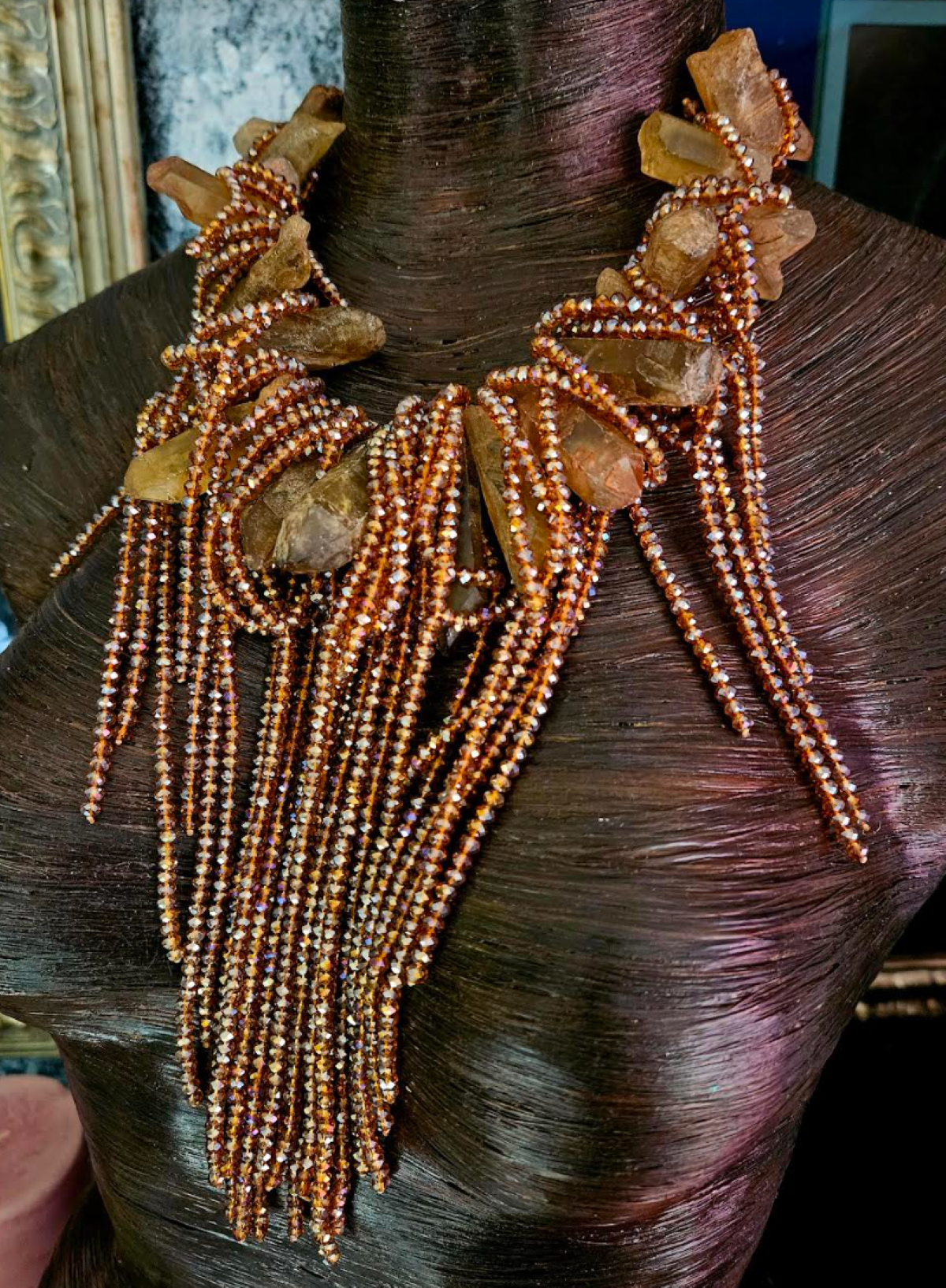 Brown Branch Quartz & Faceted Crystal Waterfall Luxury Necklace, Raw R