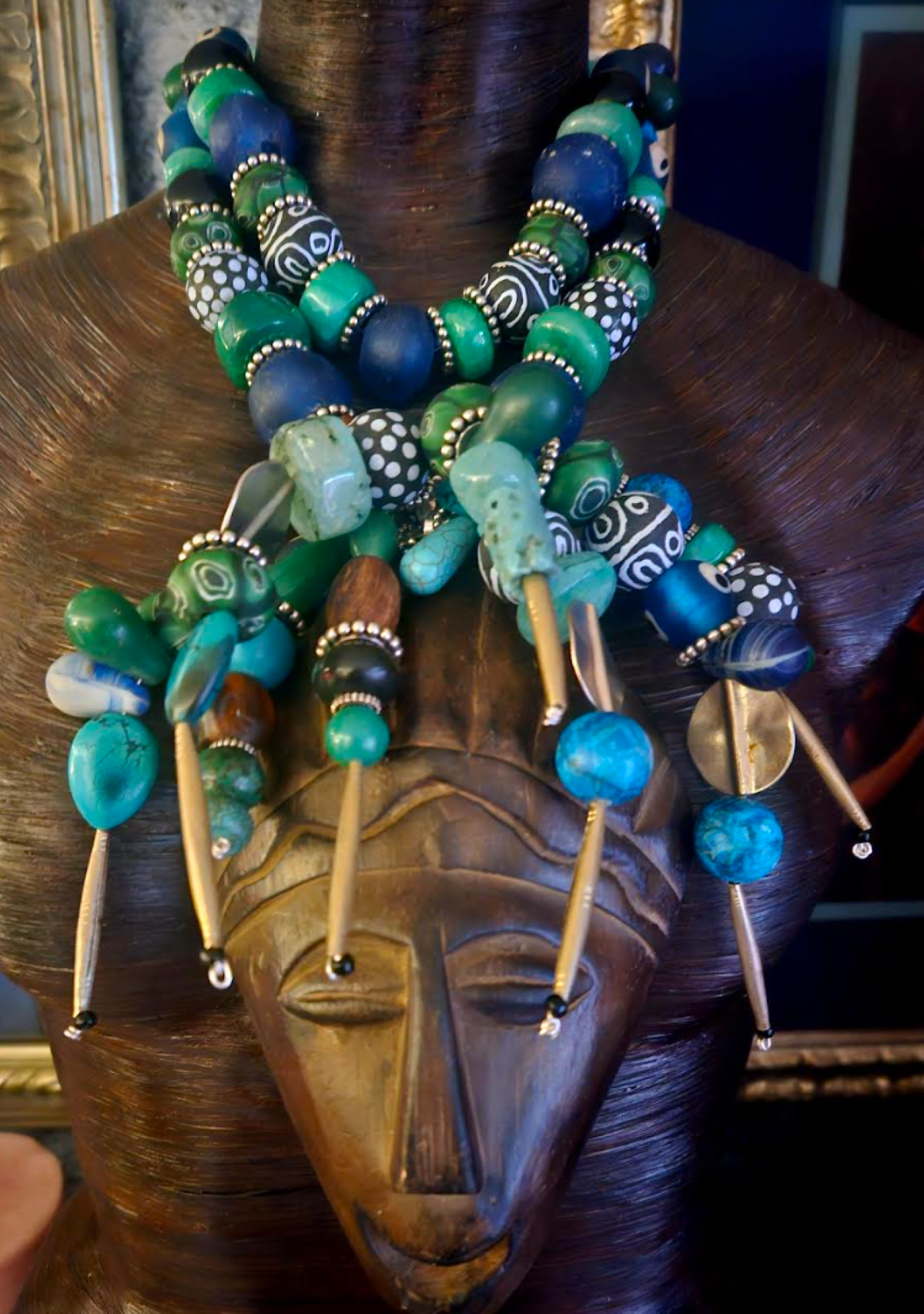 African Wood Mask Tribal Chest Piece With Beaded Textured Hair