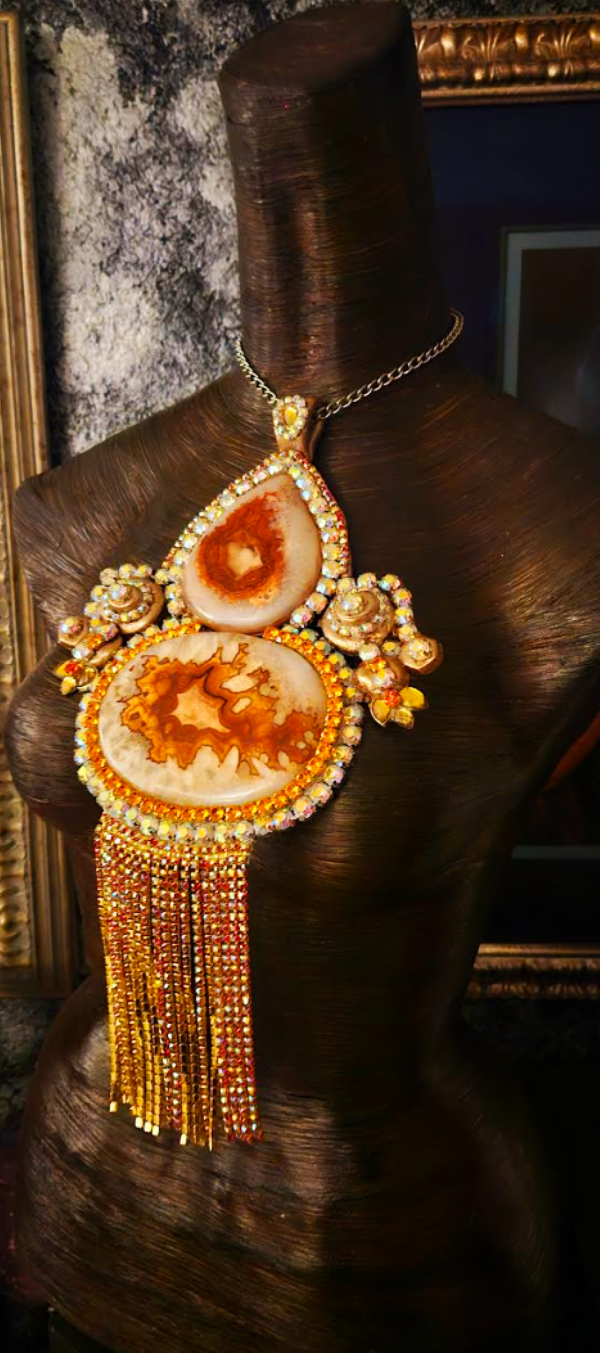 Sculpted Art Deco Agate & Rhinestone Sautoir - Flapper Style Showpiece