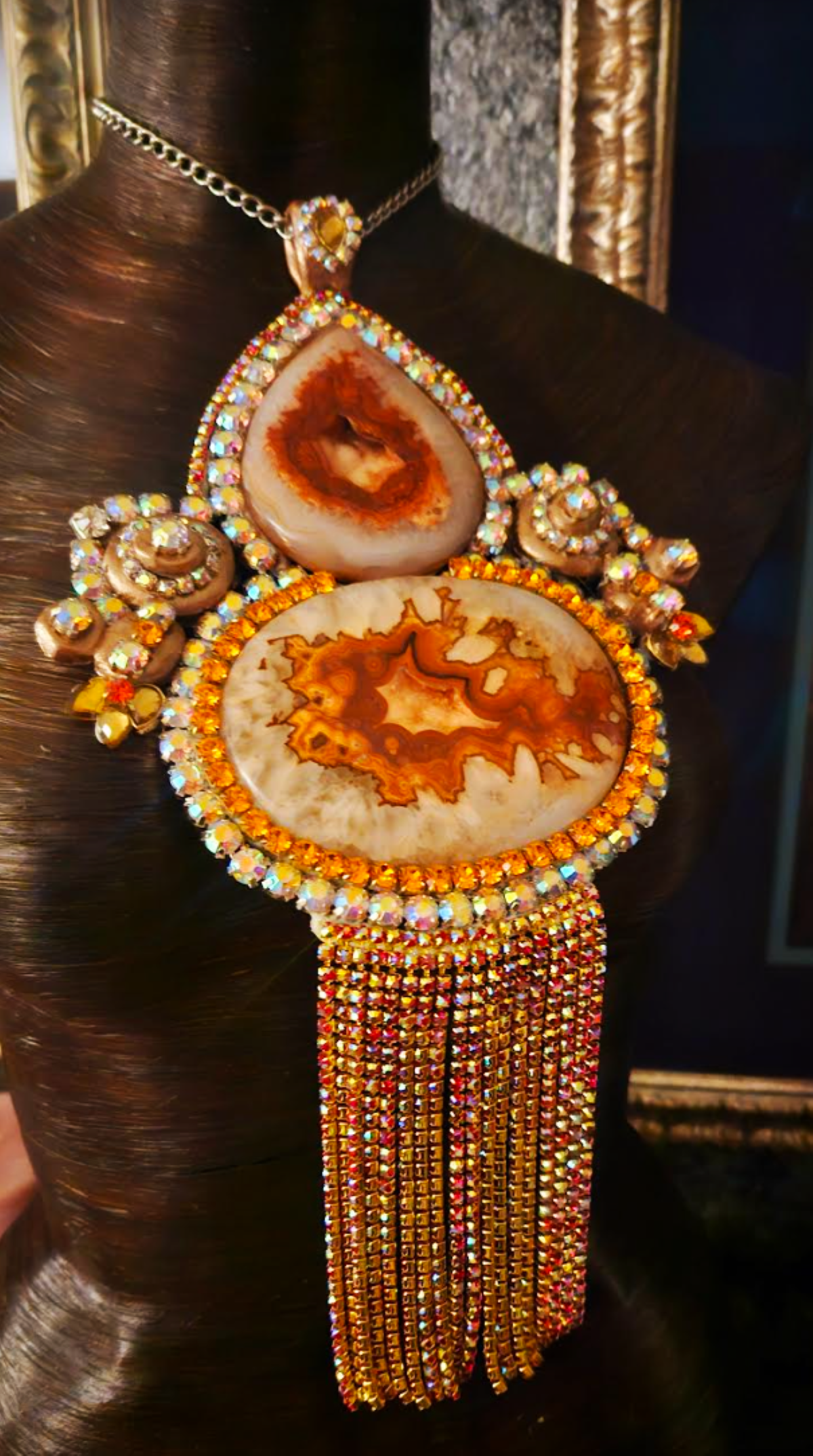 Sculpted Art Deco Agate & Rhinestone Sautoir - Flapper Style Showpiece