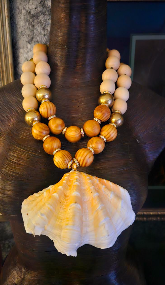 Oversized Brass Wood Beaded Two Strand Luxury Necklace with Clam Shell