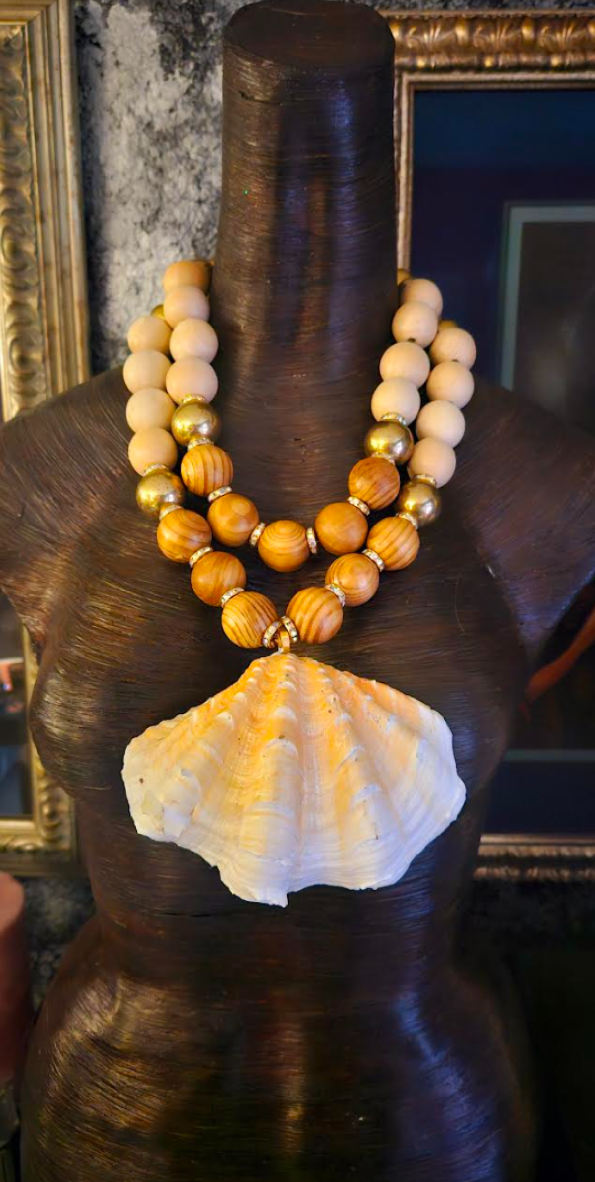 Oversized Brass Wood Beaded Two Strand Luxury Necklace with Clam Shell