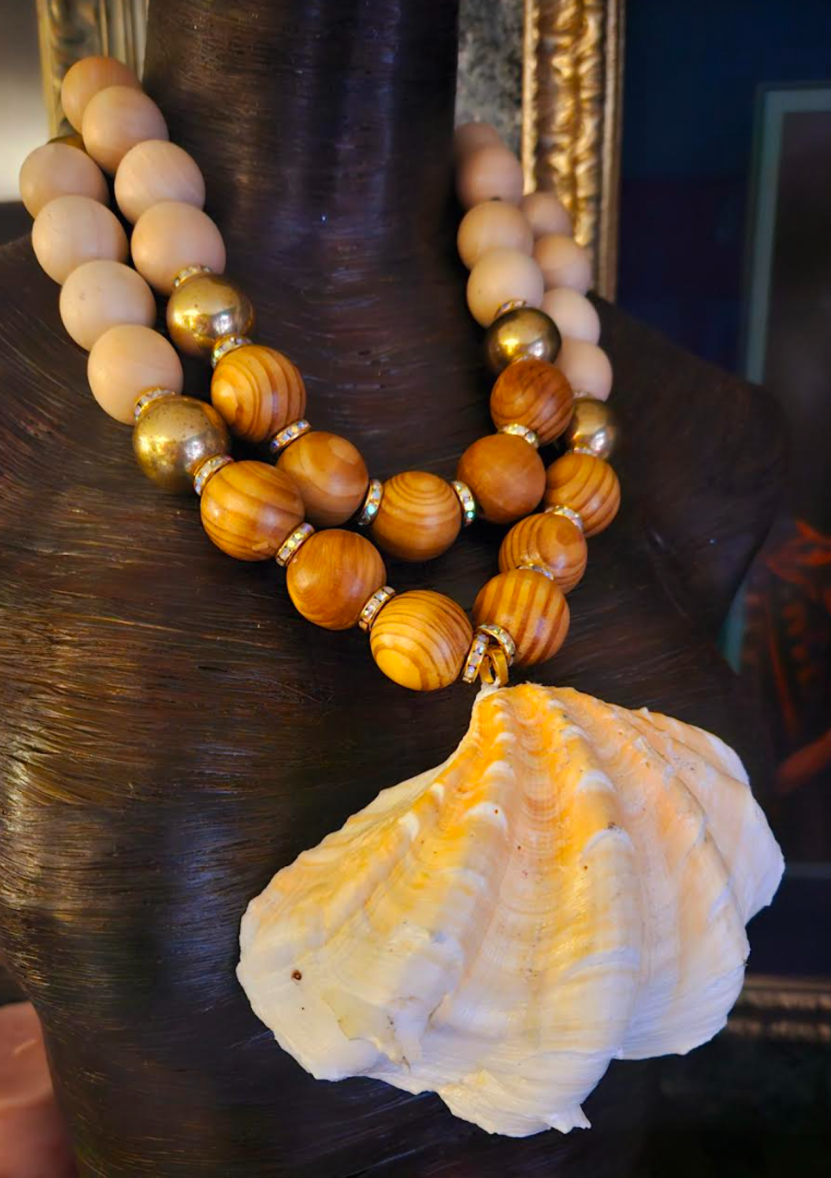Oversized Brass Wood Beaded Two Strand Luxury Necklace with Clam Shell