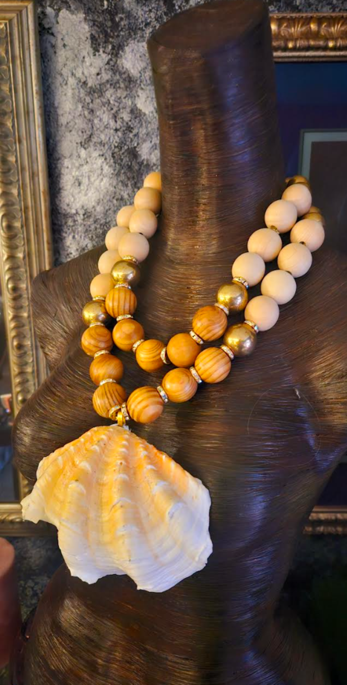 Oversized Brass Wood Beaded Two Strand Luxury Necklace with Clam Shell