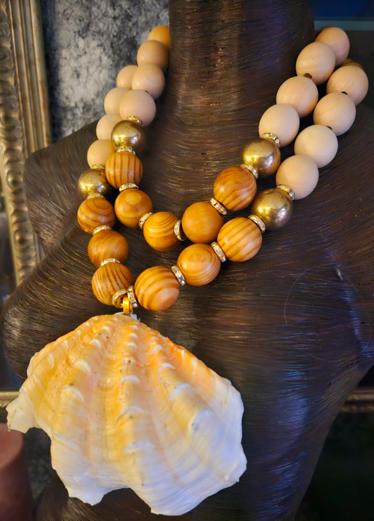 Oversized Brass Wood Beaded Two Strand Luxury Necklace with Clam Shell