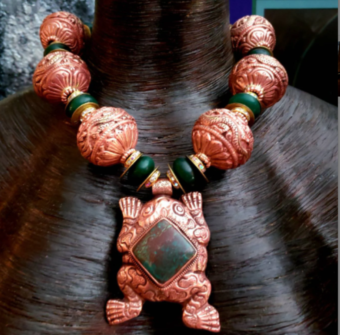 Tibetan Copper Repousse & Emerald Beaded Statement Necklace - Frog
