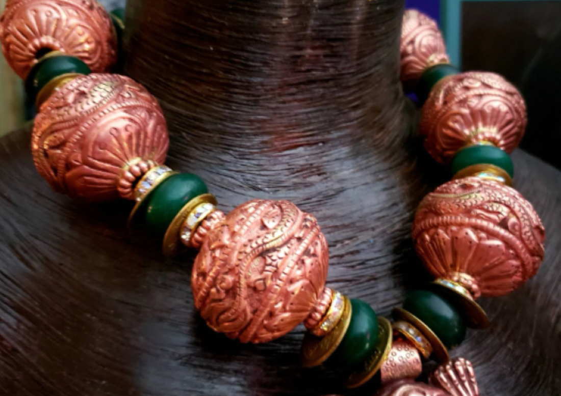 Luxury Tibetan Copper Repousse & Emerald Oversized Beaded Statement