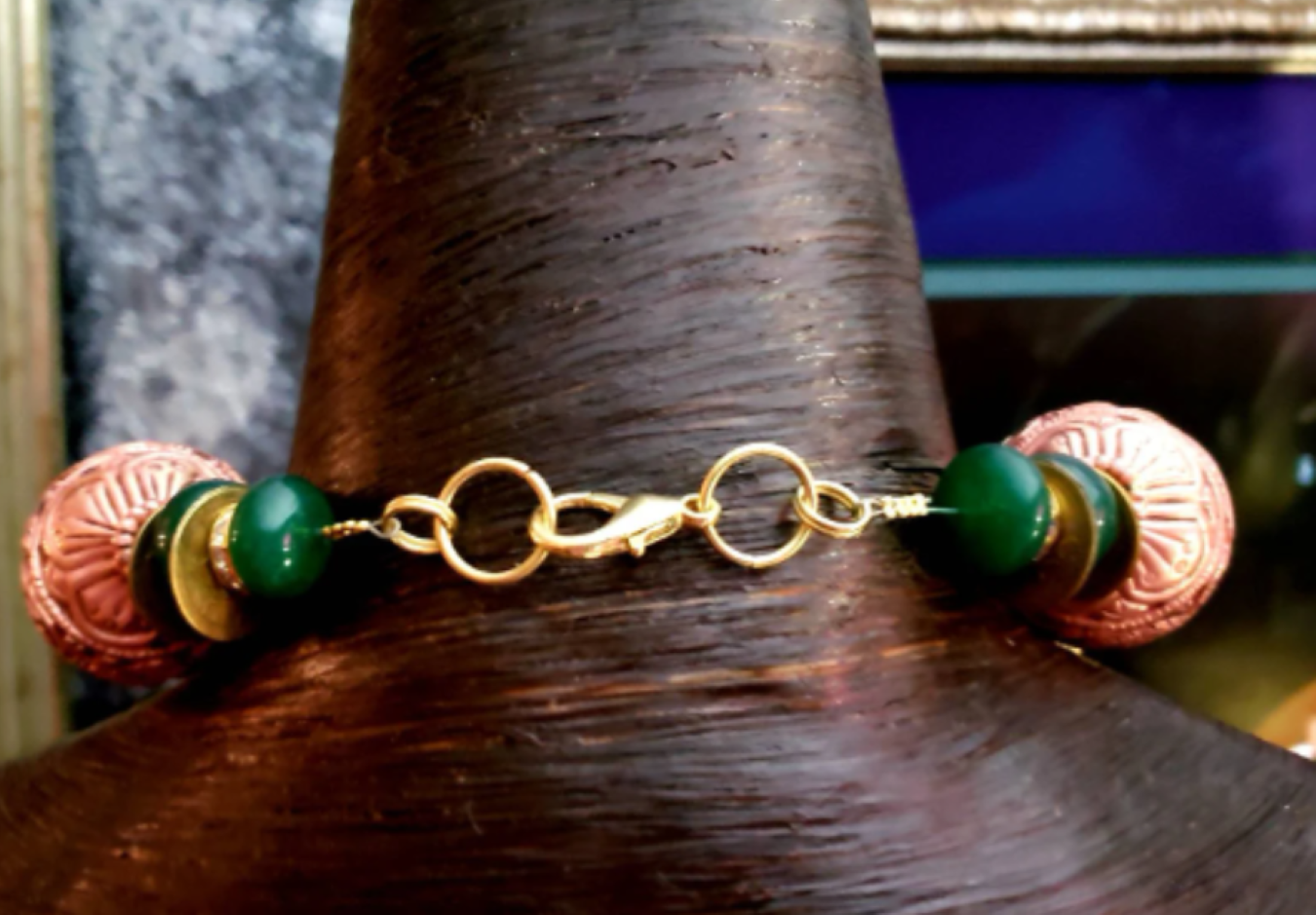 Tibetan Copper Repousse & Emerald Beaded Statement Necklace - Frog