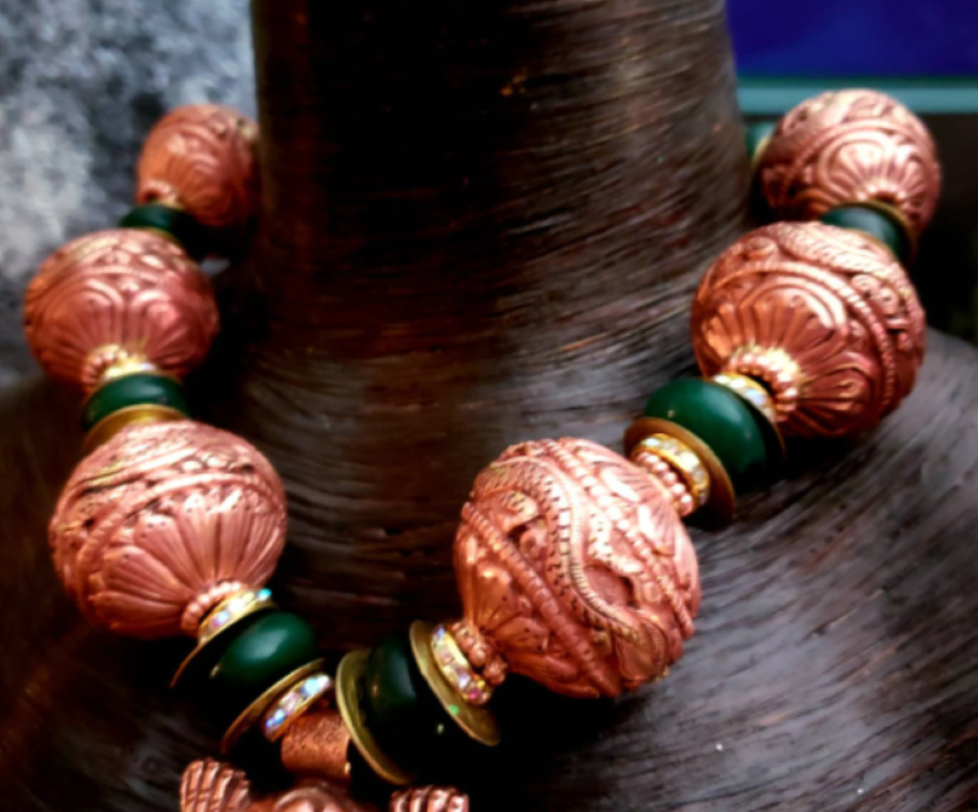 Luxury Tibetan Copper Repousse & Emerald Oversized Beaded Statement