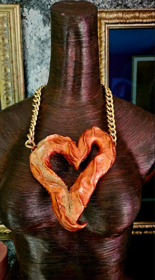 Huge Lightweight Sculpted Copper & Gold Heart Gemstone Pendant, Avant