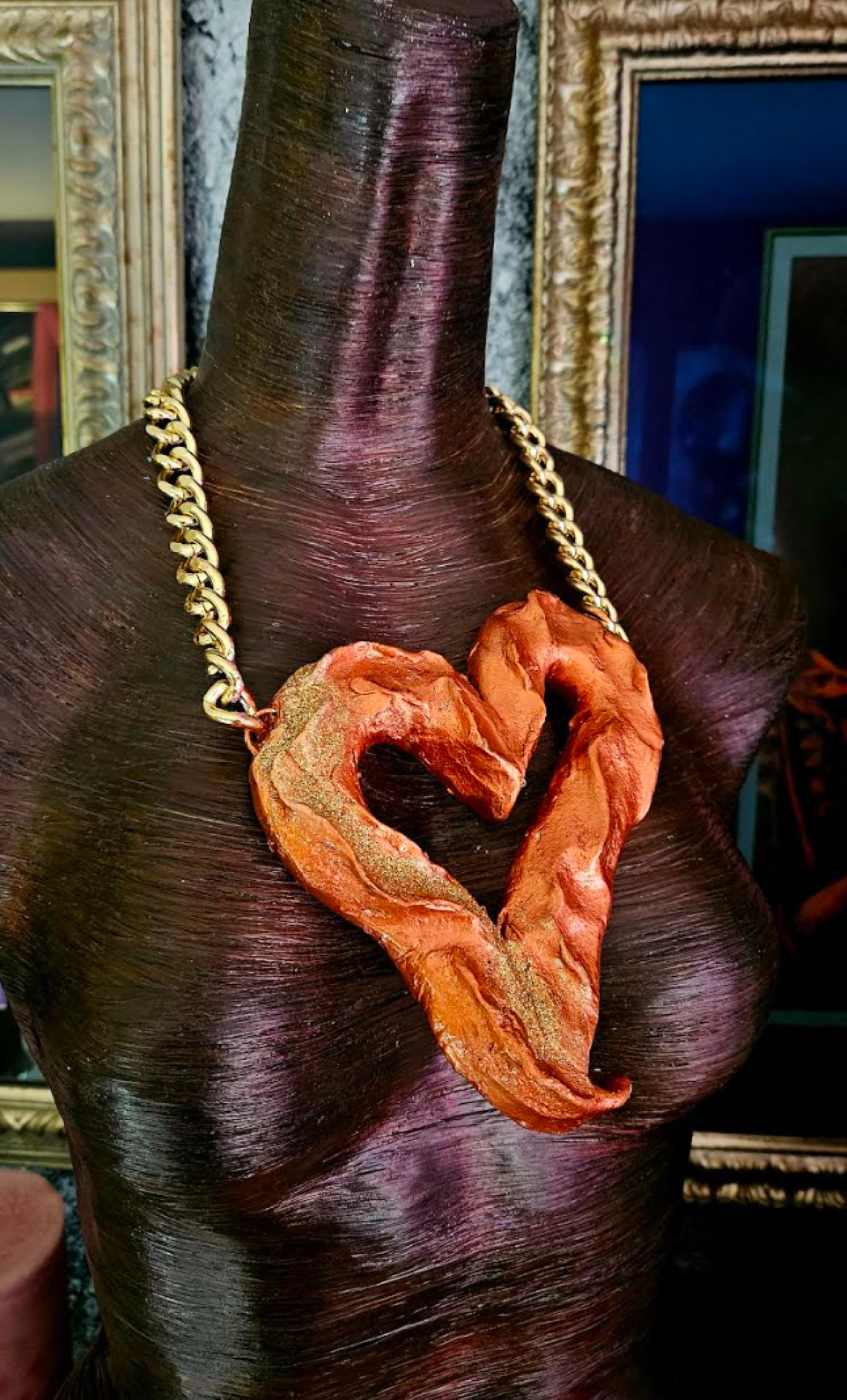Huge Lightweight Sculpted Copper & Gold Heart Gemstone Pendant, Avant