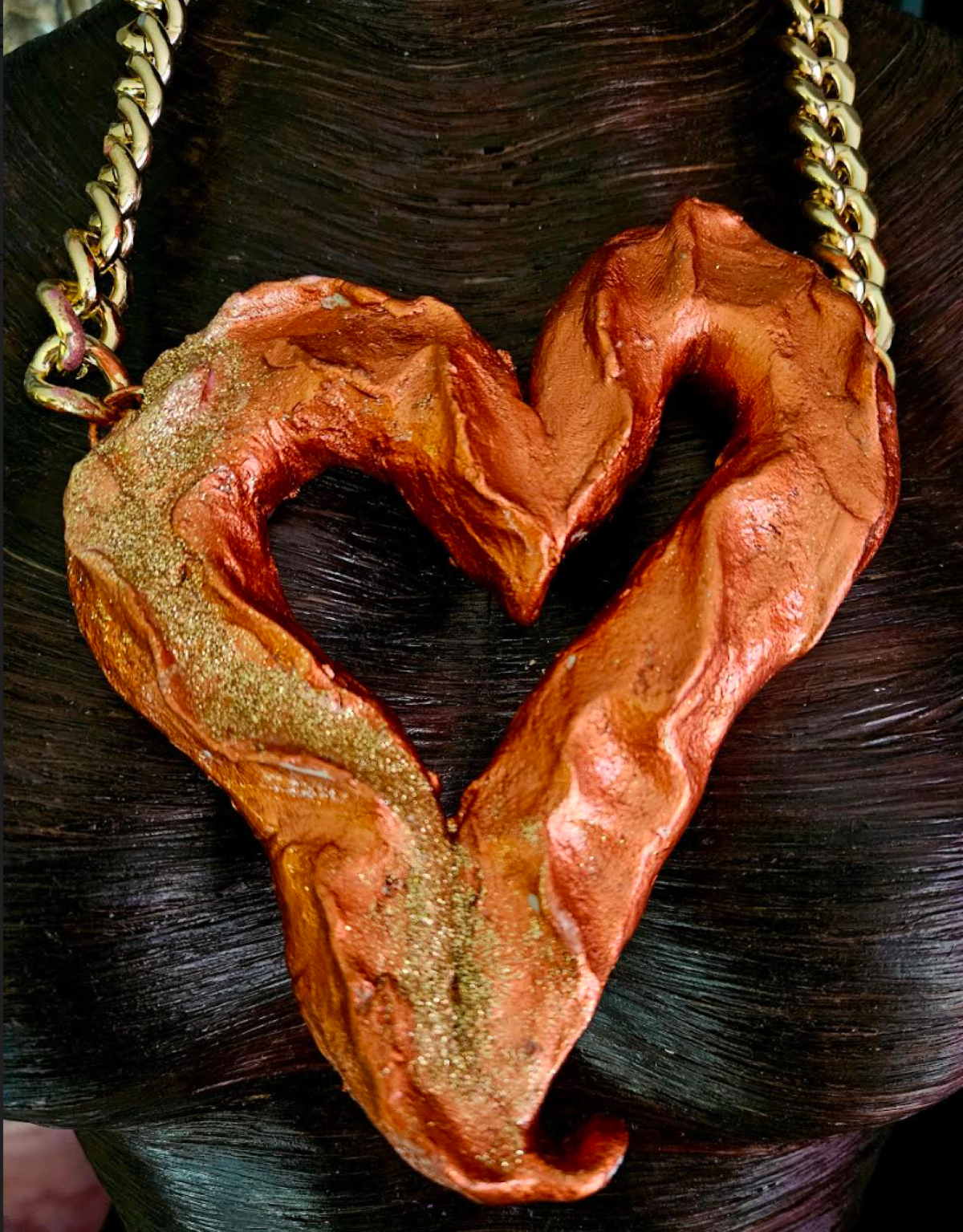 Huge Lightweight Sculpted Copper & Gold Heart Gemstone Pendant, Avant