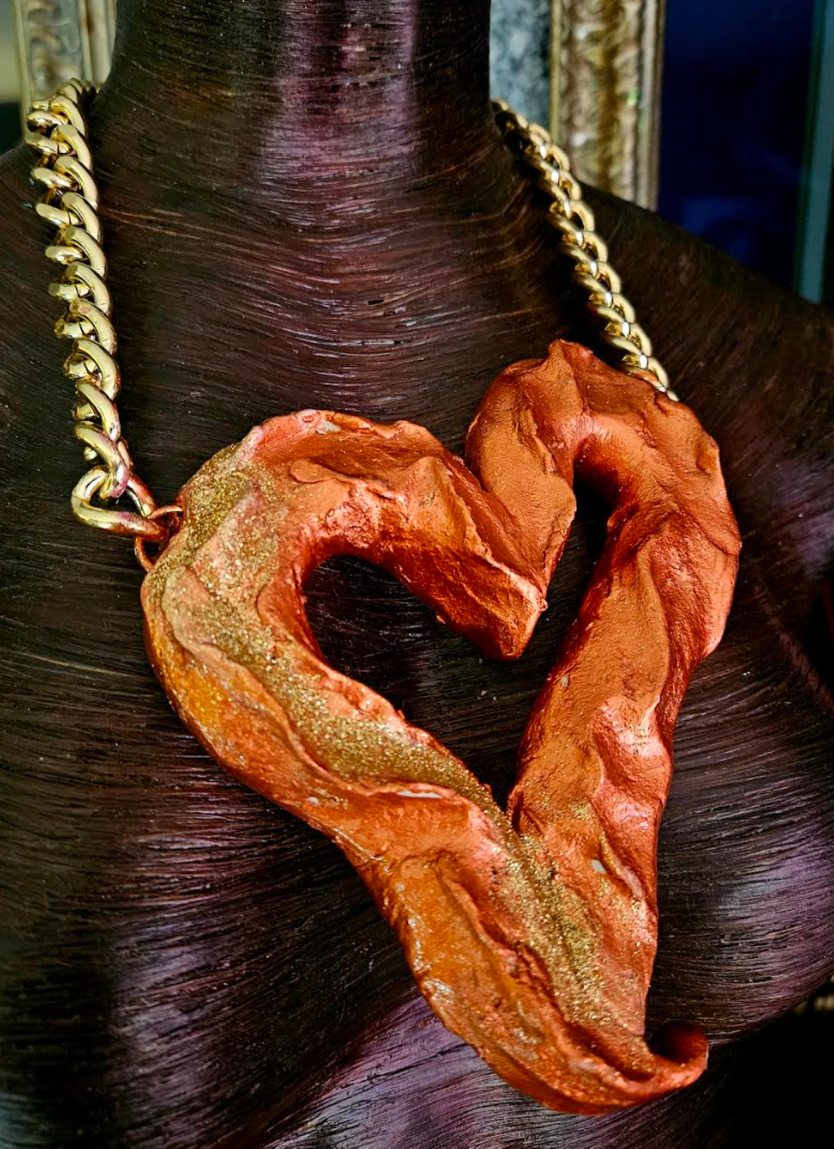 Huge Lightweight Sculpted Copper & Gold Heart Gemstone Pendant, Avant
