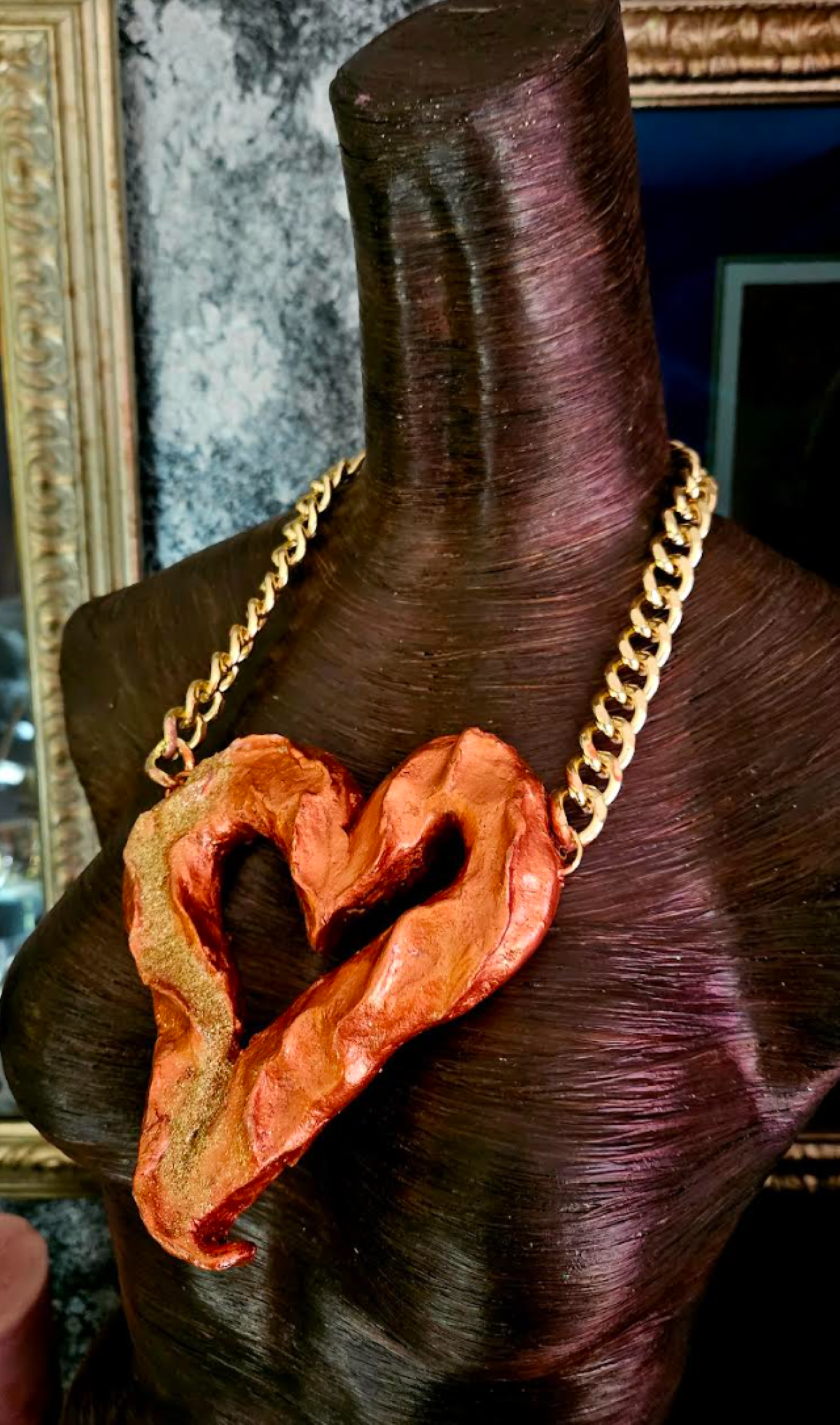 Huge Lightweight Sculpted Copper & Gold Heart Gemstone Pendant, Avant