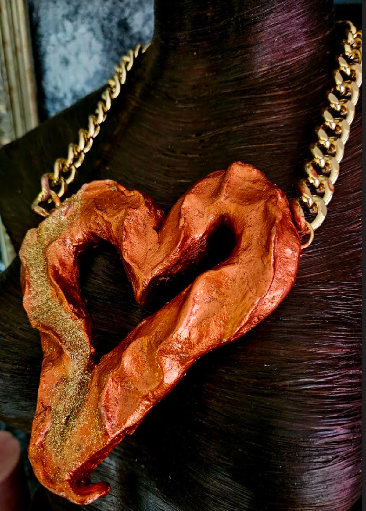 Huge Lightweight Sculpted Copper & Gold Heart Gemstone Pendant, Avant