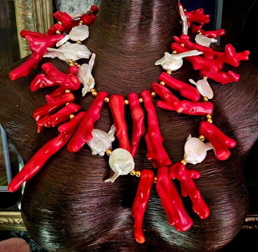 Red Branch Coral & Baroque Pearl Luxury Statement Necklace