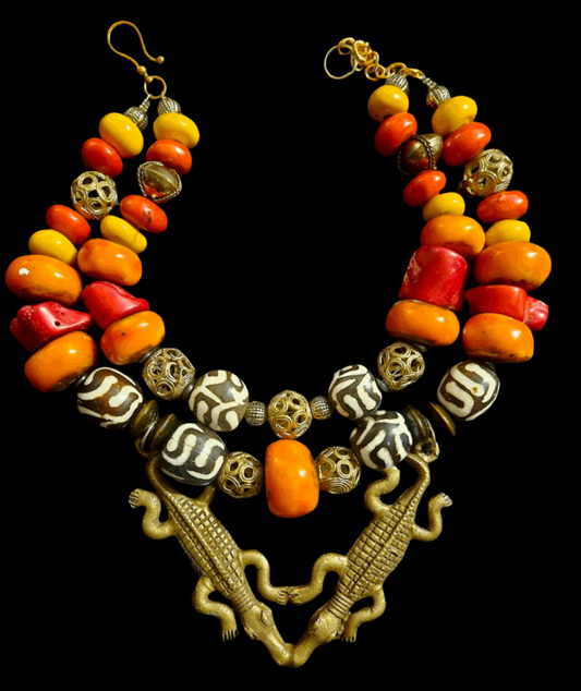 African Double Crocodile Brass Pendant Tribal Red Orange Yellow Ethnic Necklace, Jewelry Jungle Fever Motif, Exotic Wild Neck Candy