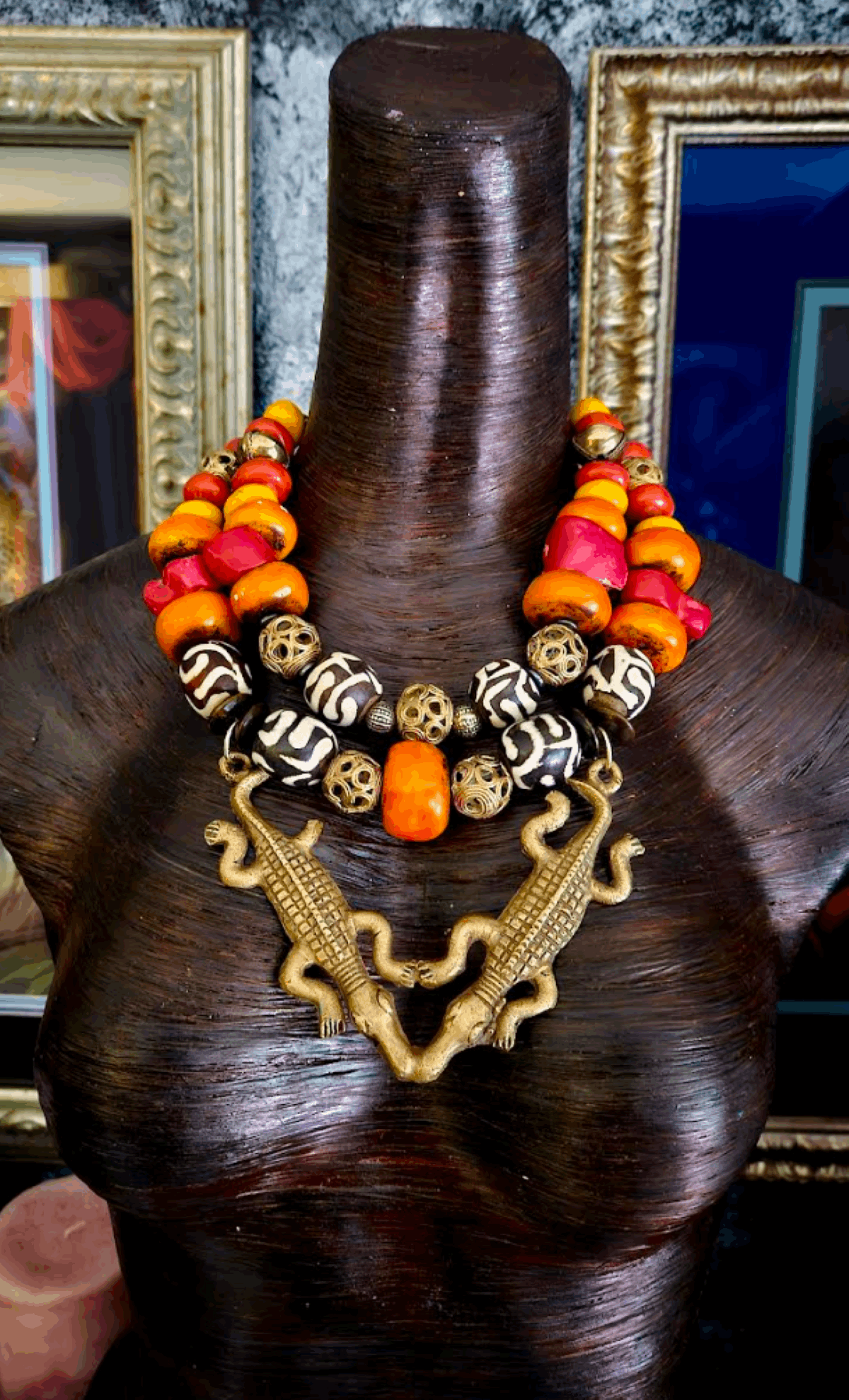 African Double Crocodile Brass Pendant Tribal Red Orange Yellow Ethnic Necklace, Jewelry Jungle Fever Motif, Exotic Wild Neck Candy