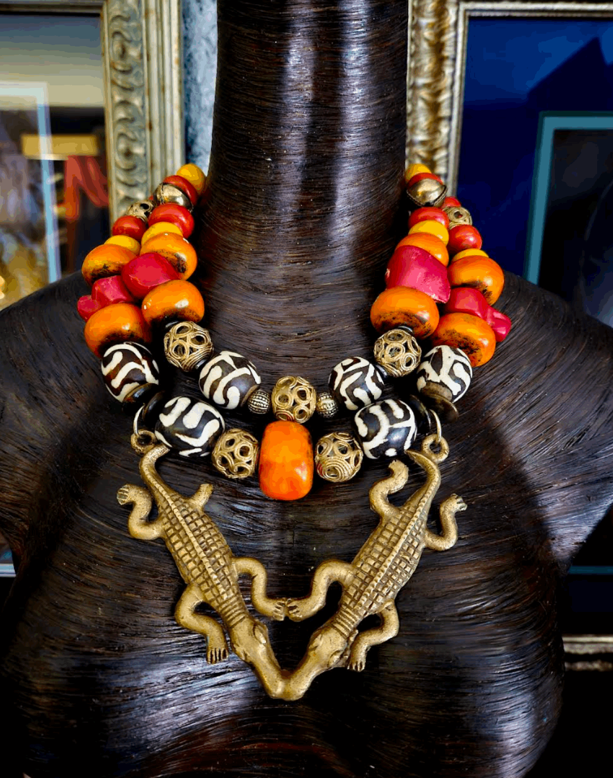 African Double Crocodile Brass Pendant Tribal Red Orange Yellow Ethnic Necklace, Jewelry Jungle Fever Motif, Exotic Wild Neck Candy