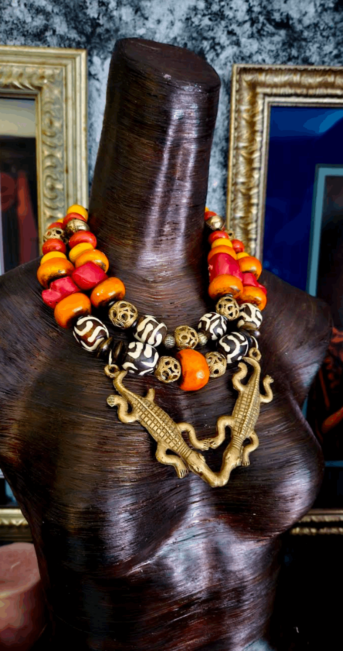 African Double Crocodile Brass Pendant Tribal Red Orange Yellow Ethnic Necklace, Jewelry Jungle Fever Motif, Exotic Wild Neck Candy