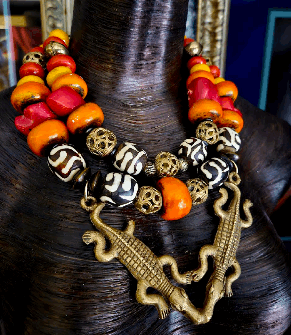 African Double Crocodile Brass Pendant Tribal Red Orange Yellow Ethnic Necklace, Jewelry Jungle Fever Motif, Exotic Wild Neck Candy