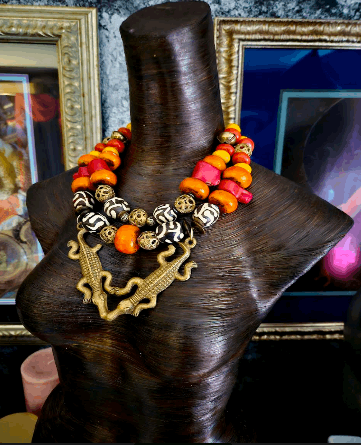 African Double Crocodile Brass Pendant Tribal Red Orange Yellow Ethnic Necklace, Jewelry Jungle Fever Motif, Exotic Wild Neck Candy
