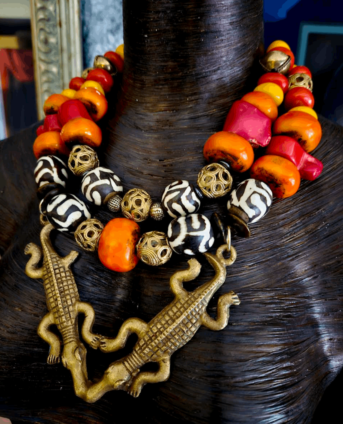 African Double Crocodile Brass Pendant Tribal Red Orange Yellow Ethnic Necklace, Jewelry Jungle Fever Motif, Exotic Wild Neck Candy
