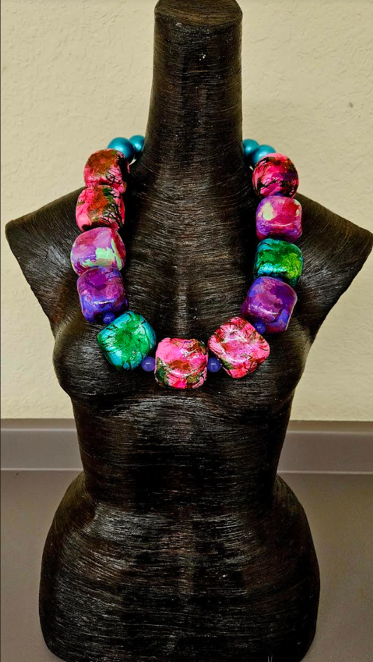 Hand Sculpted Alcohol Ink Statement Necklace - Luxe Wearable Art