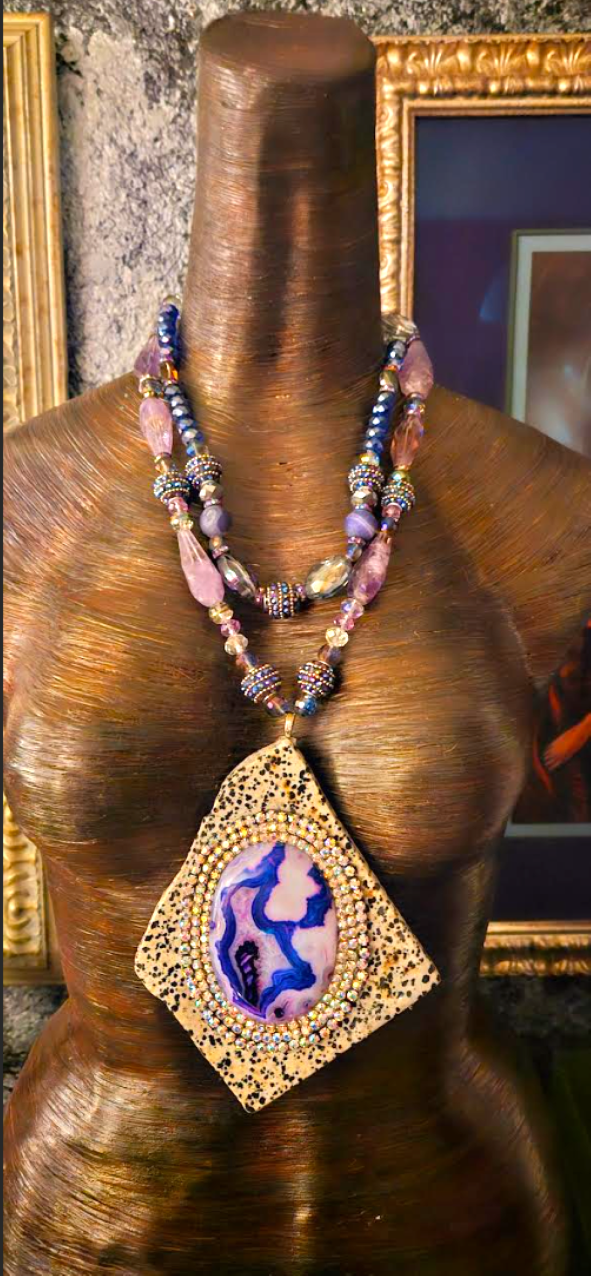 Dalmatian Jasper Slab Agate & Rhinestone Gemstone Pendant On a Jewel T